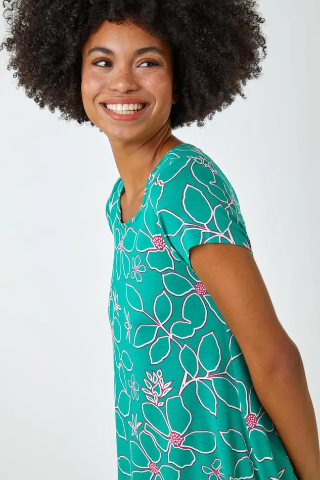 Green Floral Hanky Hem Tunic Top Women Roman Tops
