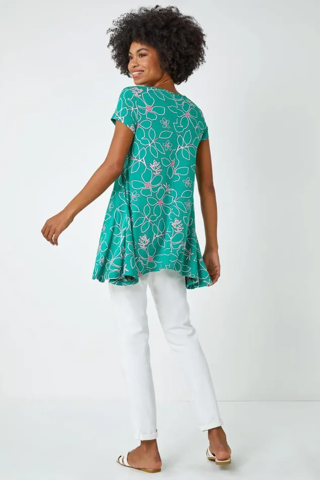 Green Floral Hanky Hem Tunic Top Women Roman Tops