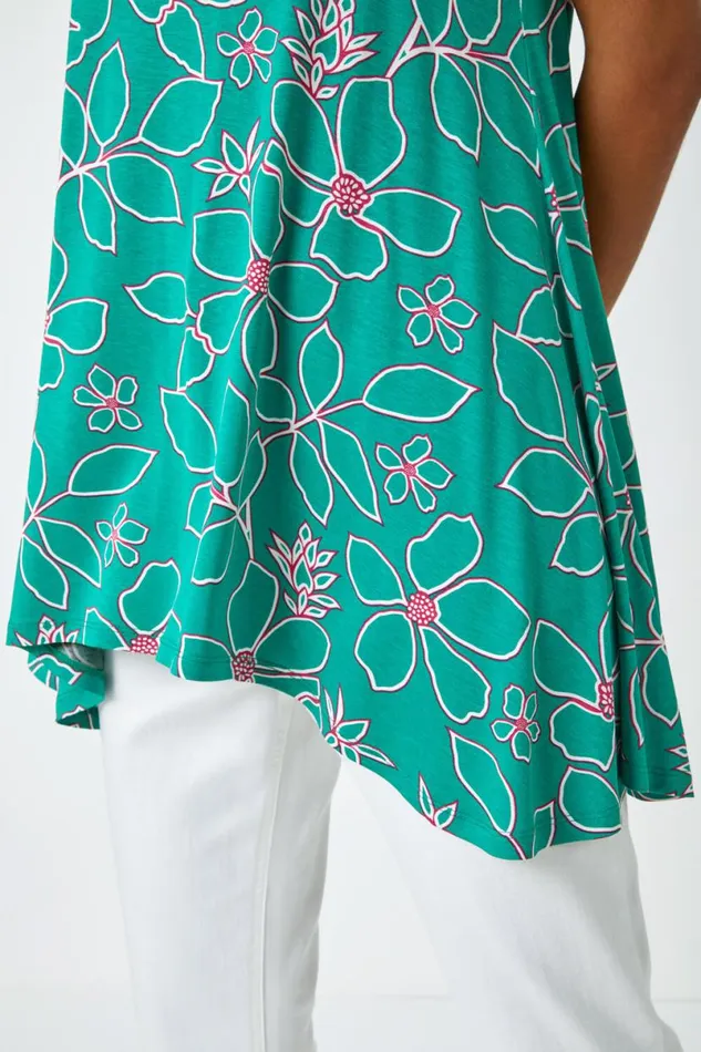 Green Floral Hanky Hem Tunic Top Women Roman Tops