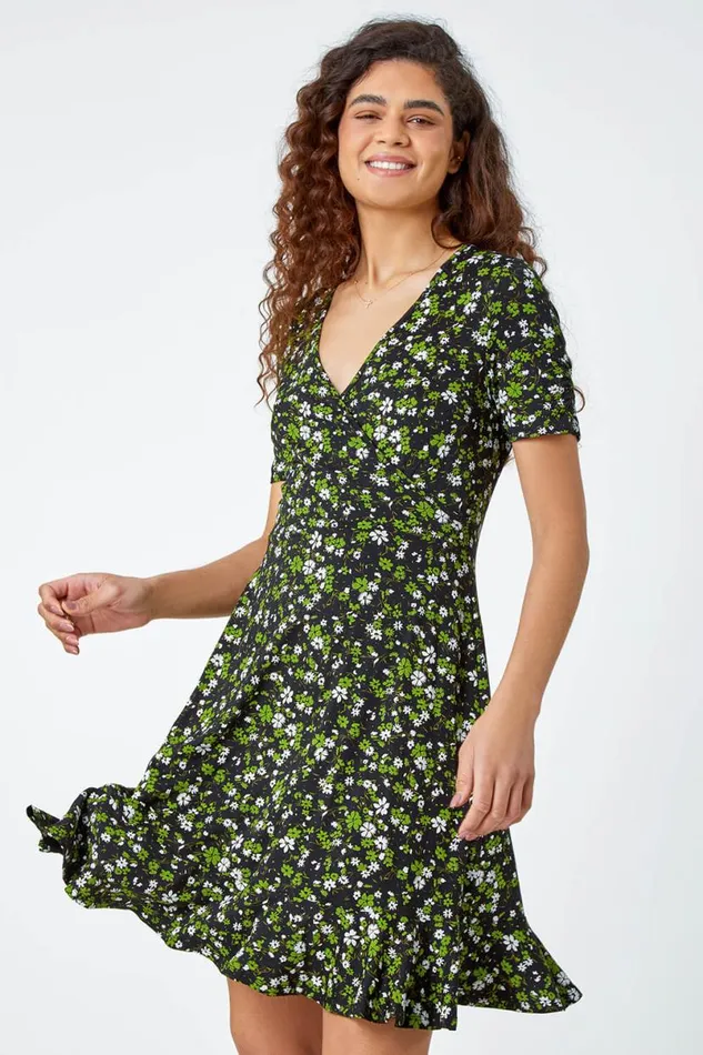 Green Floral Print Wrap Stretch Dress Women Roman Dresses