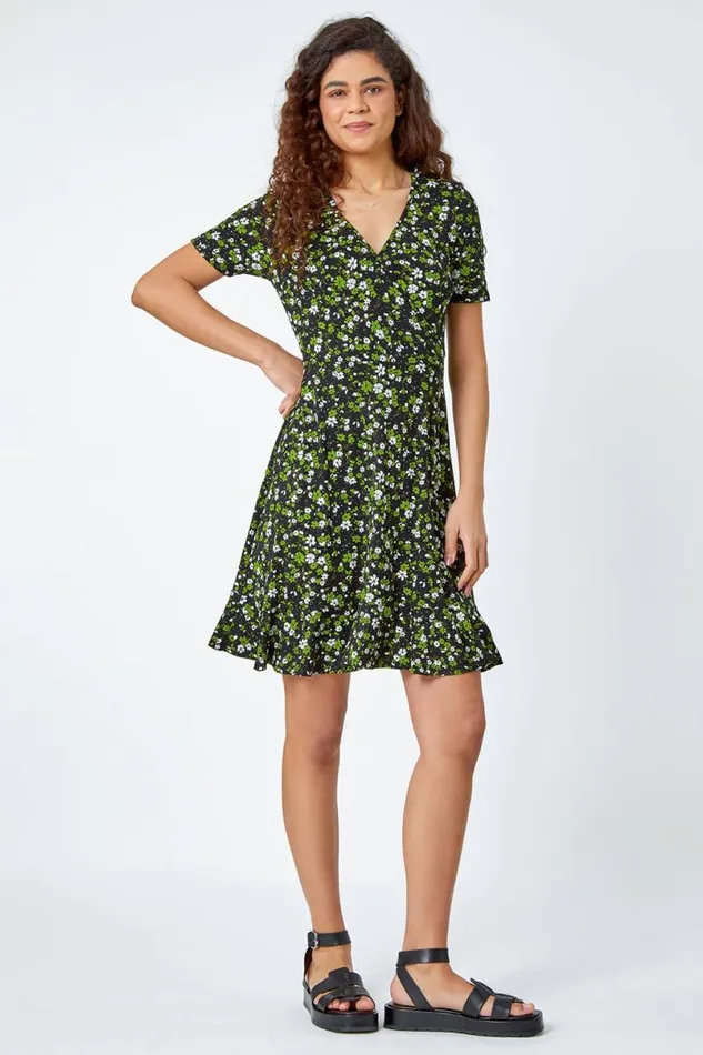 Green Floral Print Wrap Stretch Dress Women Roman Dresses