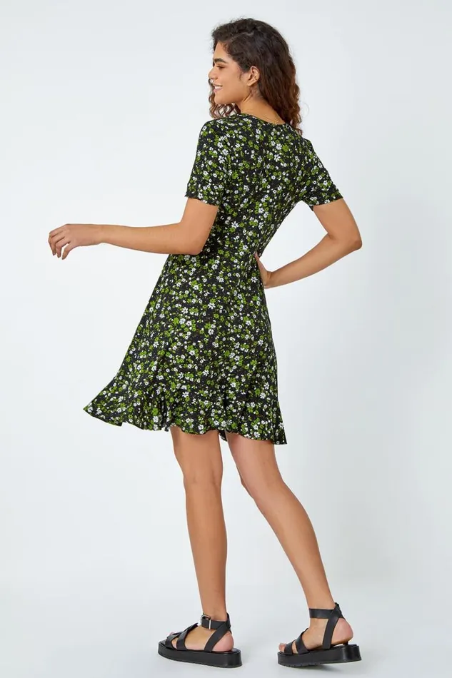 Green Floral Print Wrap Stretch Dress Women Roman Dresses