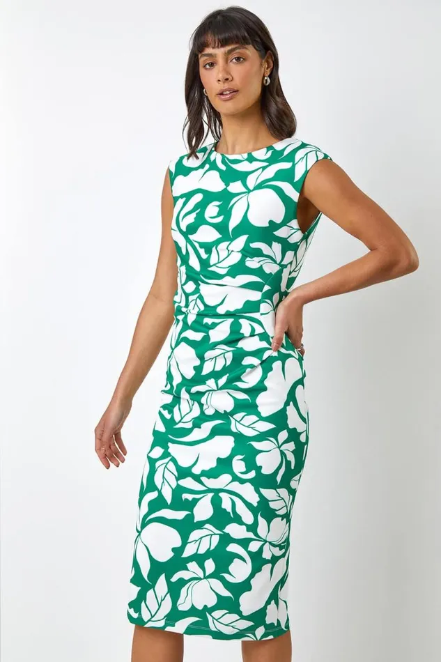 Green Leaf Print Luxe Stretch Shift Dress Women Roman Dresses