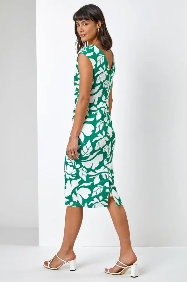 Green Leaf Print Luxe Stretch Shift Dress Women Roman Dresses