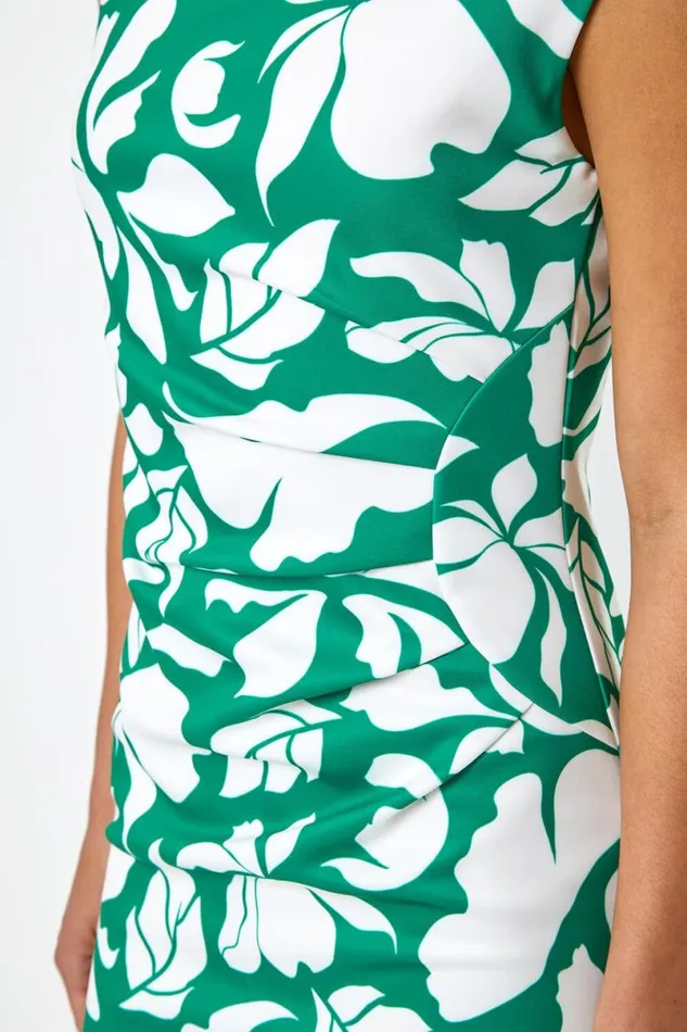 Green Leaf Print Luxe Stretch Shift Dress Women Roman Dresses