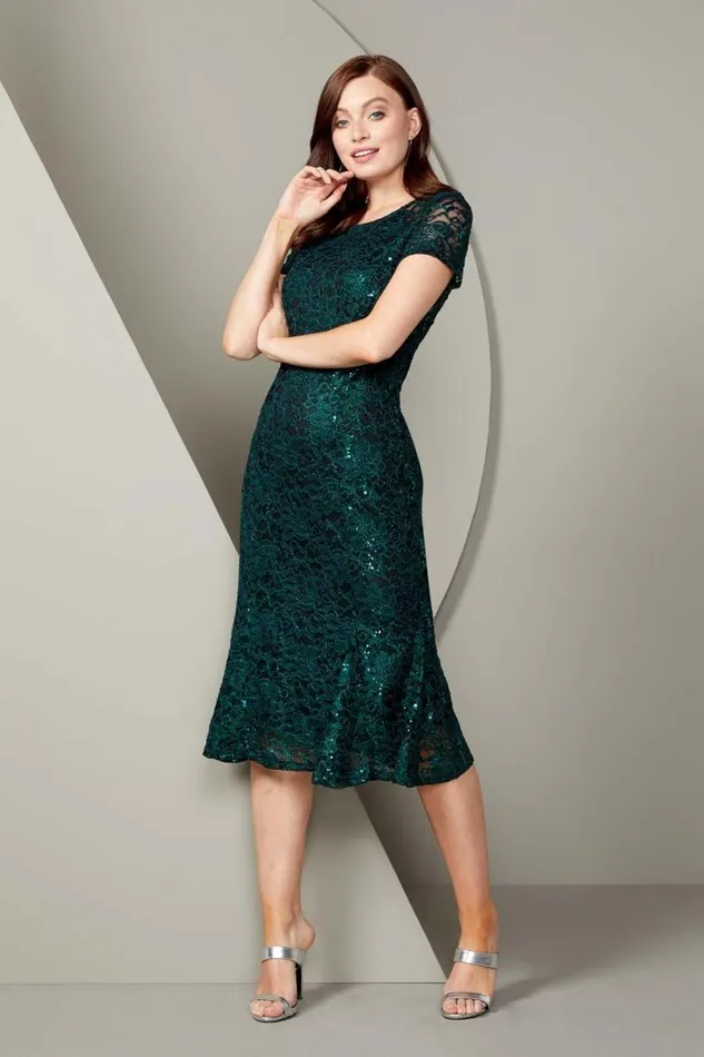 Green Metallic Lace Sequin Midi Dress Women Roman Dresses