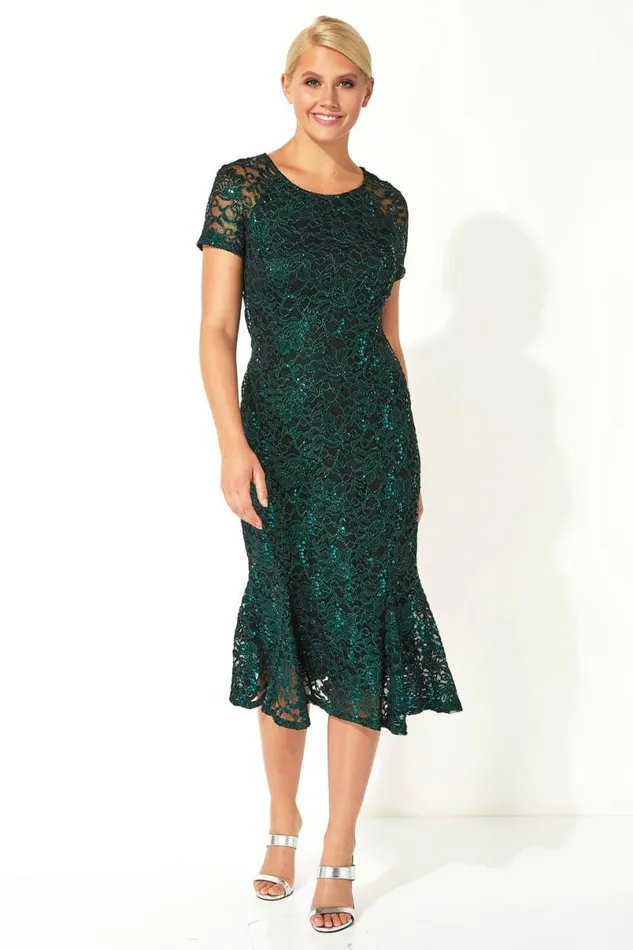 Green Metallic Lace Sequin Midi Dress Women Roman Dresses