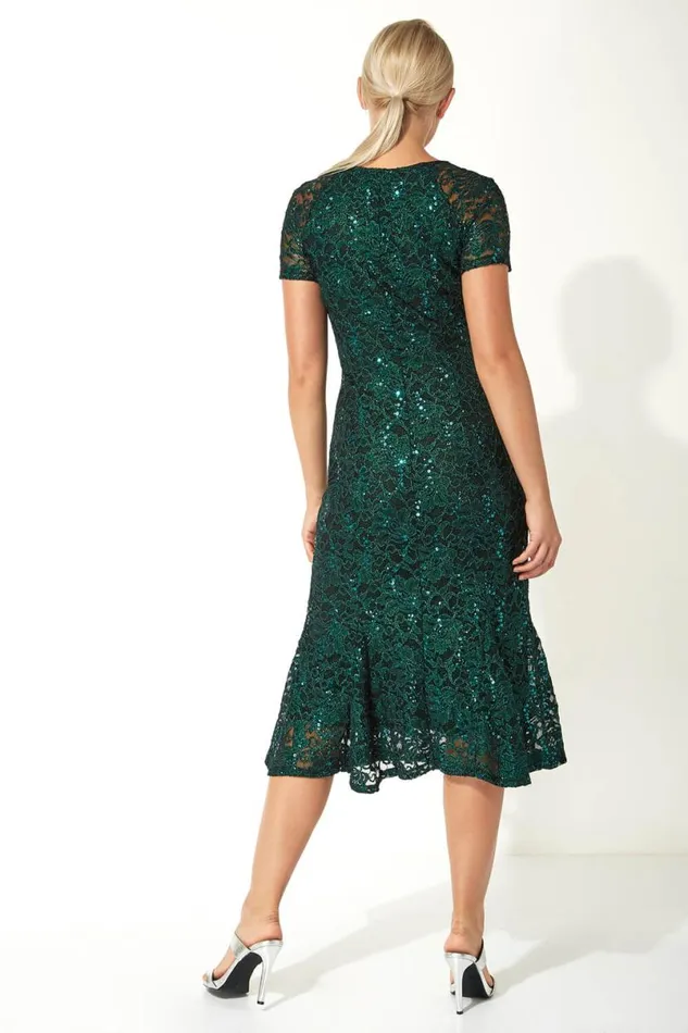 Green Metallic Lace Sequin Midi Dress Women Roman Dresses