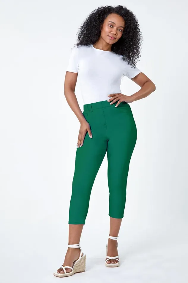 Green Petite Elastic Waist Cropped Denim Jegging Women Roman Trousers
