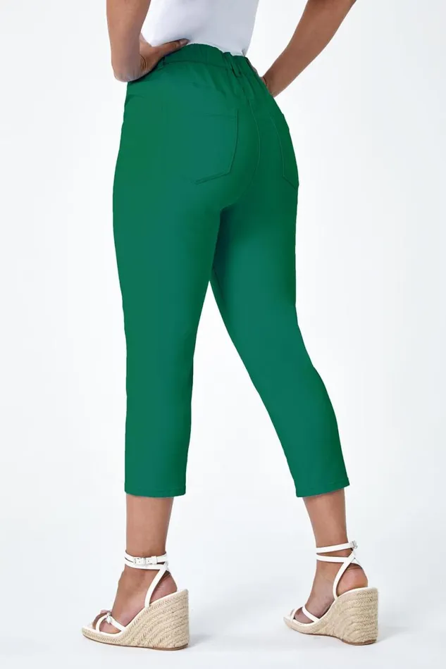 Green Petite Elastic Waist Cropped Denim Jegging Women Roman Trousers