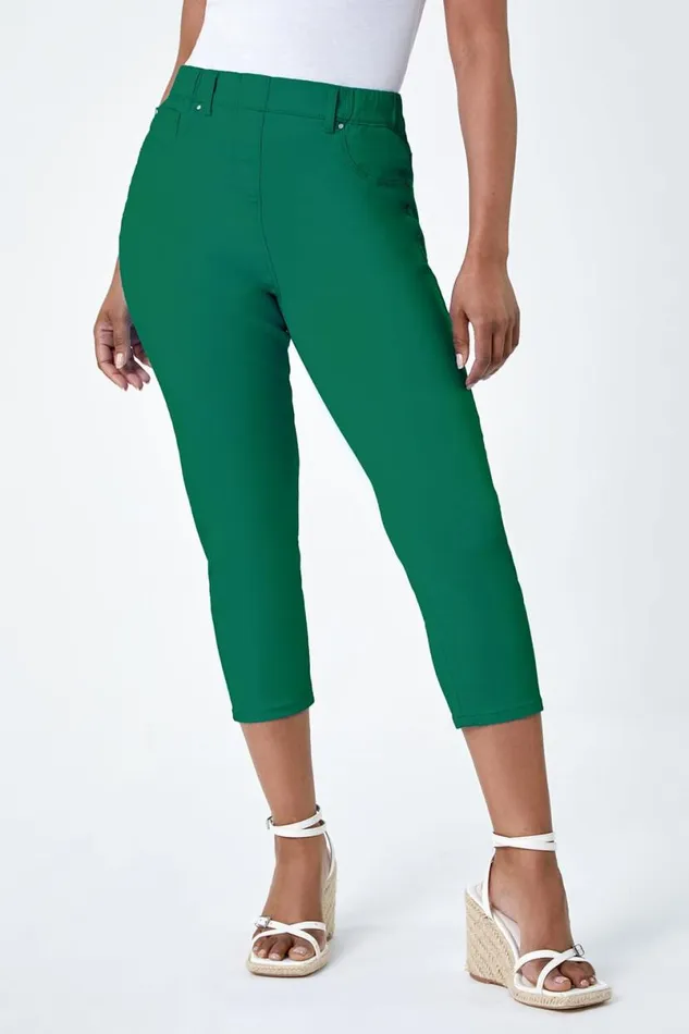 Green Petite Elastic Waist Cropped Denim Jegging Women Roman Trousers