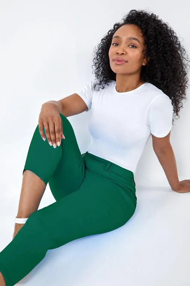 Green Petite Elastic Waist Cropped Denim Jegging Women Roman Trousers