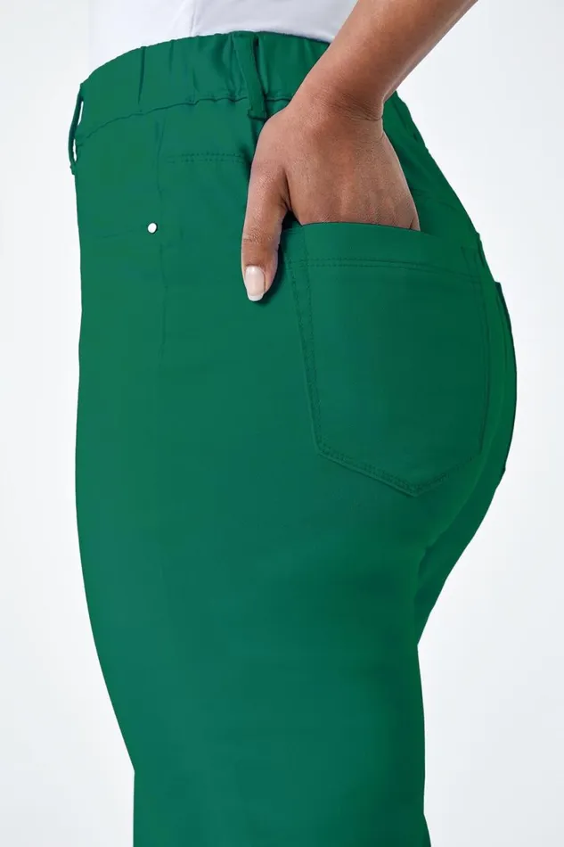 Green Petite Elastic Waist Cropped Denim Jegging Women Roman Trousers