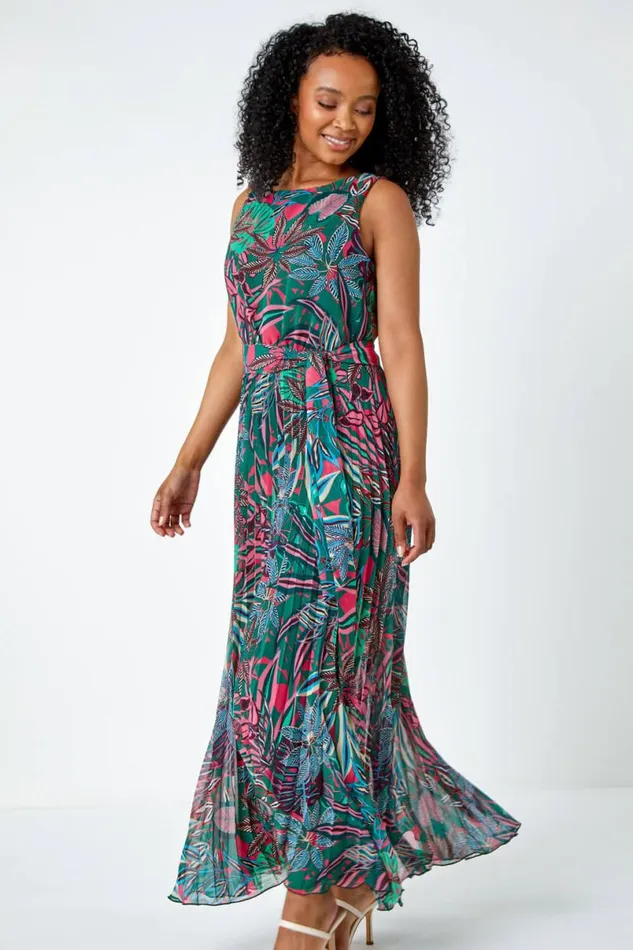 Green Petite Floral Pleated Chiffon Maxi Dress Women Roman Dresses