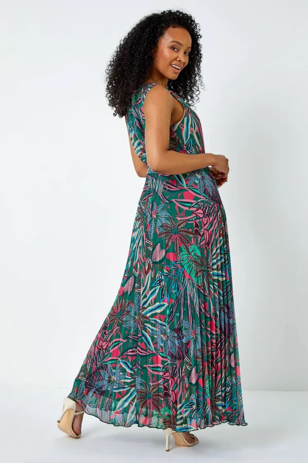 Green Petite Floral Pleated Chiffon Maxi Dress Women Roman Dresses