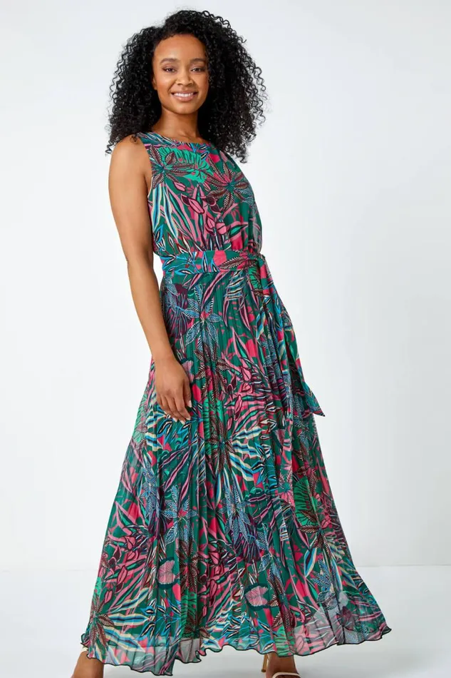 Green Petite Floral Pleated Chiffon Maxi Dress Women Roman Dresses