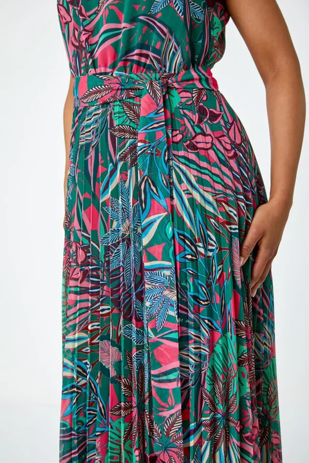 Green Petite Floral Pleated Chiffon Maxi Dress Women Roman Dresses