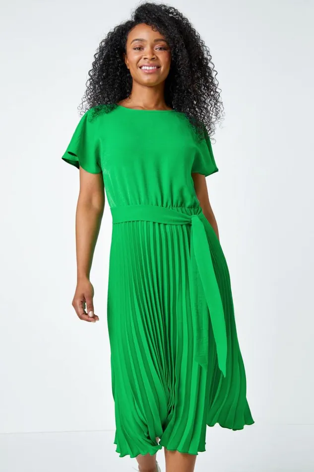 Green Petite Plain Pleated Skirt Midi Dress Women Roman Dresses