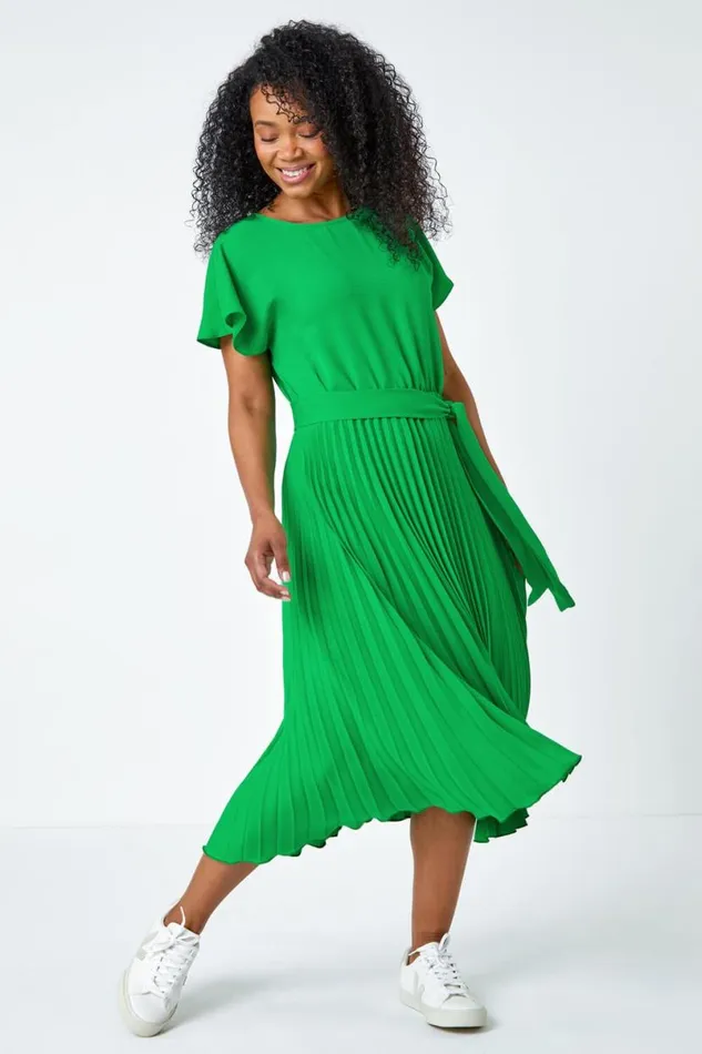 Green Petite Plain Pleated Skirt Midi Dress Women Roman Dresses
