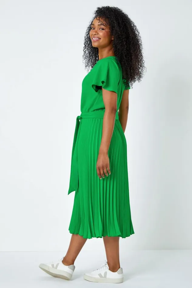 Green Petite Plain Pleated Skirt Midi Dress Women Roman Dresses