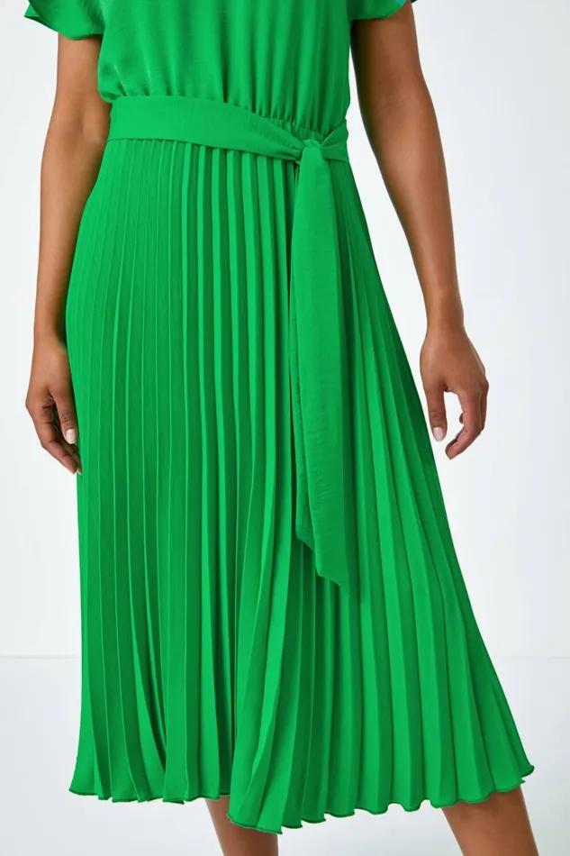 Green Petite Plain Pleated Skirt Midi Dress Women Roman Dresses