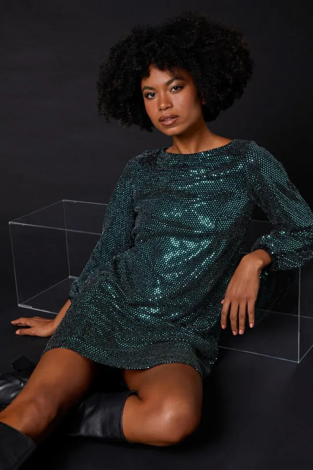 Green Sparkle Detail Swing Dress Women Roman Dresses