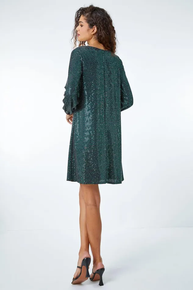 Green Sparkle Detail Swing Dress Women Roman Dresses