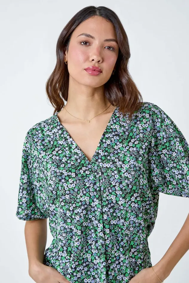 Green Textured Print Stretch Jersey Top Women Roman Tops