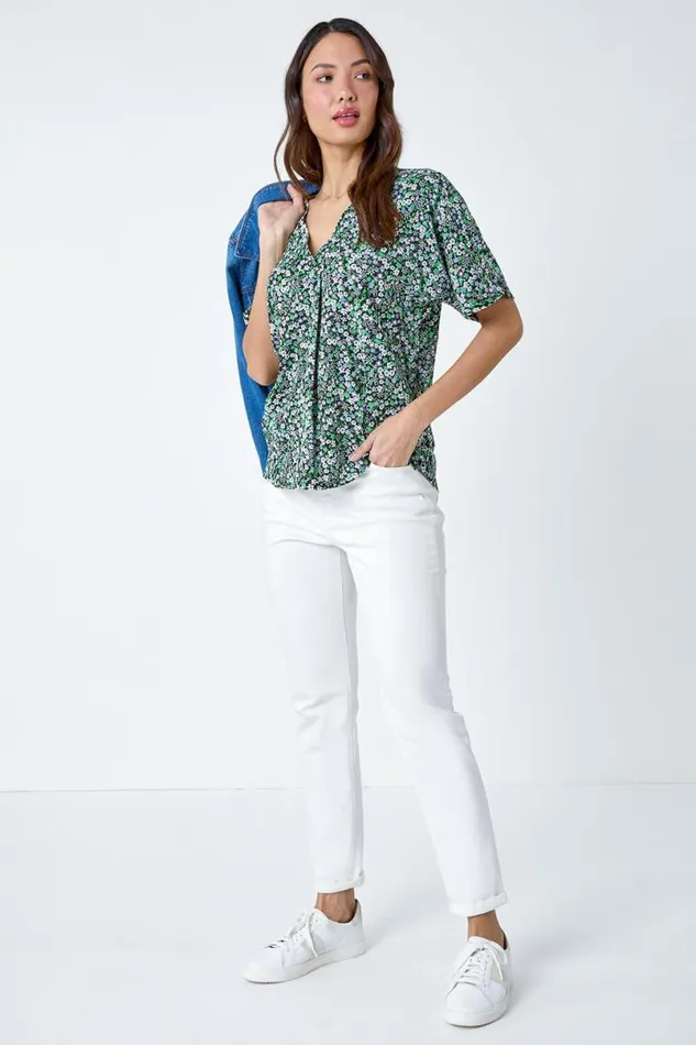 Green Textured Print Stretch Jersey Top Women Roman Tops