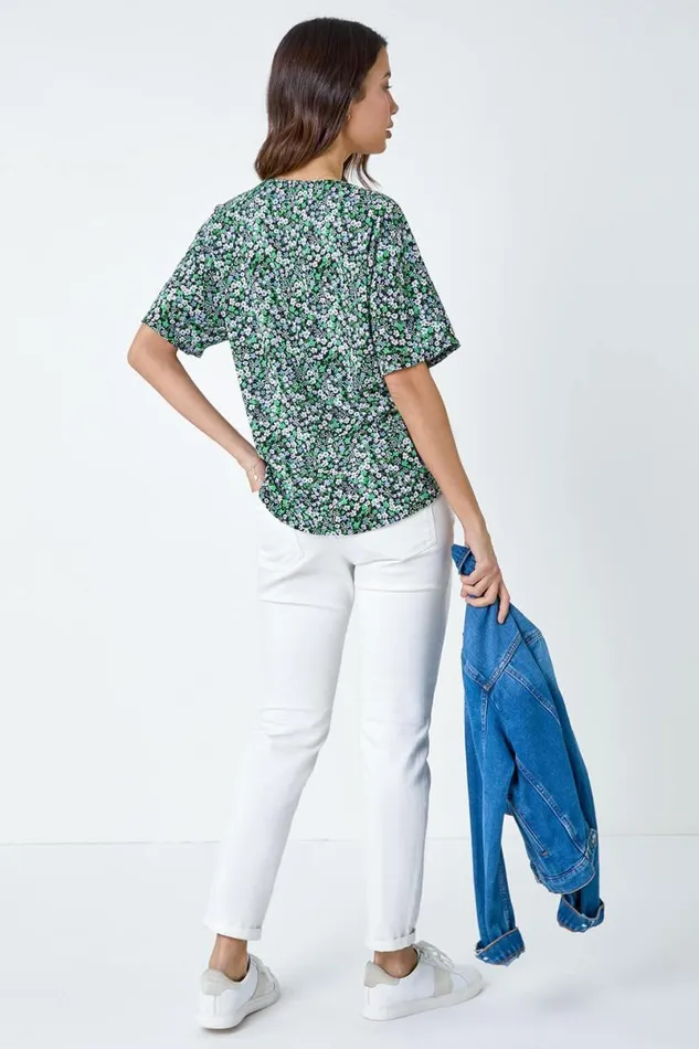 Green Textured Print Stretch Jersey Top Women Roman Tops