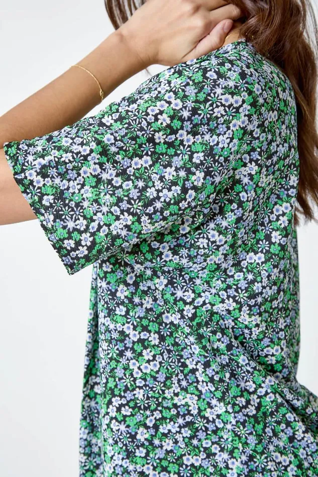 Green Textured Print Stretch Jersey Top Women Roman Tops