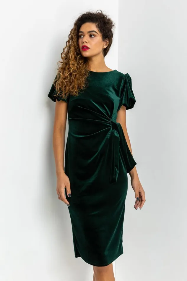 Green Velvet Bubble Sleeve Midi Dress Women Roman Dresses