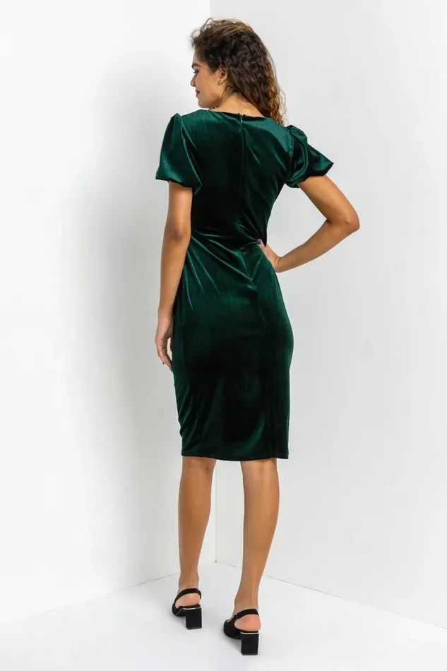 Green Velvet Bubble Sleeve Midi Dress Women Roman Dresses