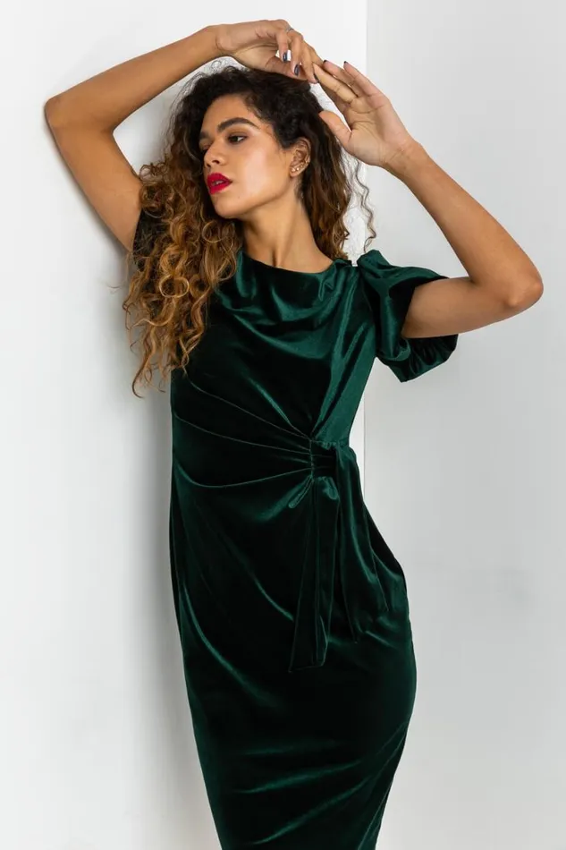 Green Velvet Bubble Sleeve Midi Dress Women Roman Dresses