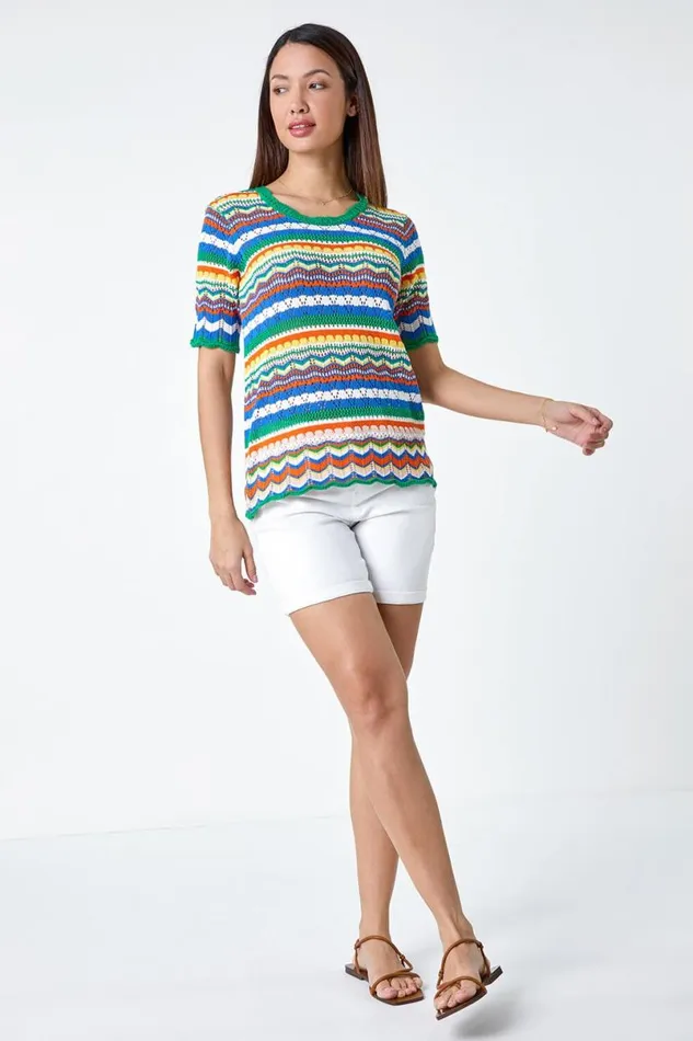 Green Wave Print Knitted Cotton Top Women Roman Tops