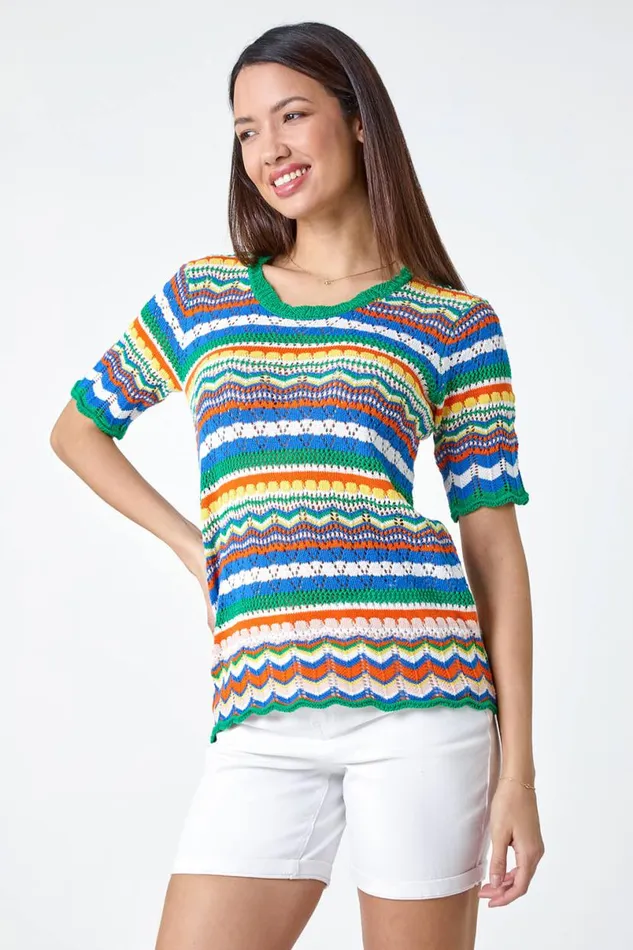 Green Wave Print Knitted Cotton Top Women Roman Tops