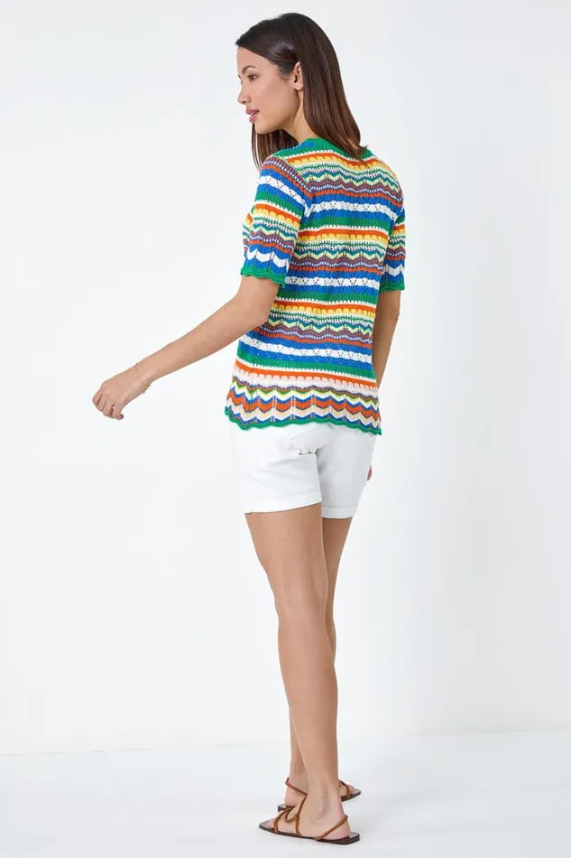 Green Wave Print Knitted Cotton Top Women Roman Tops