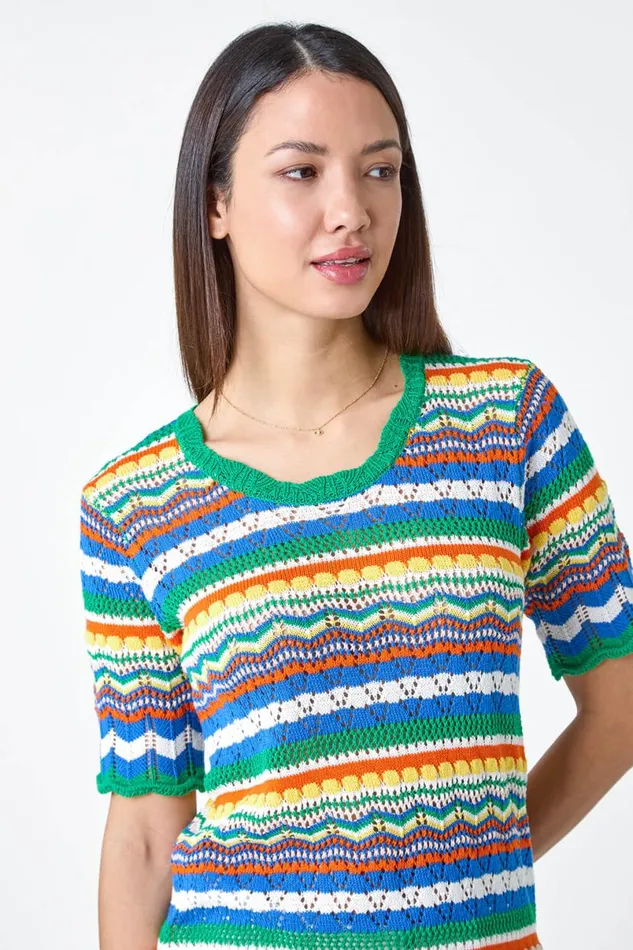 Green Wave Print Knitted Cotton Top Women Roman Tops