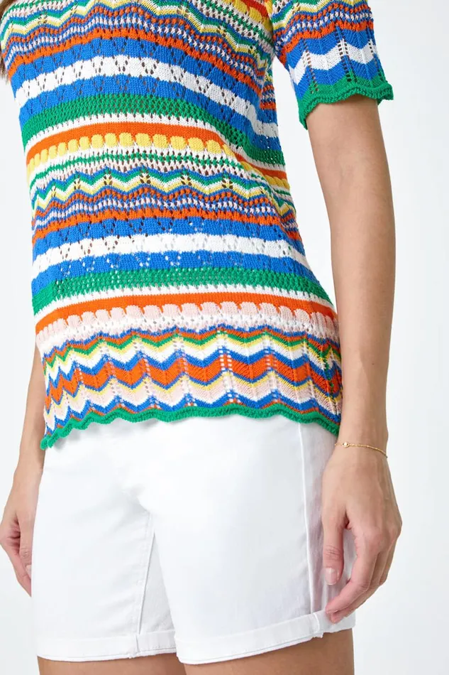 Green Wave Print Knitted Cotton Top Women Roman Tops