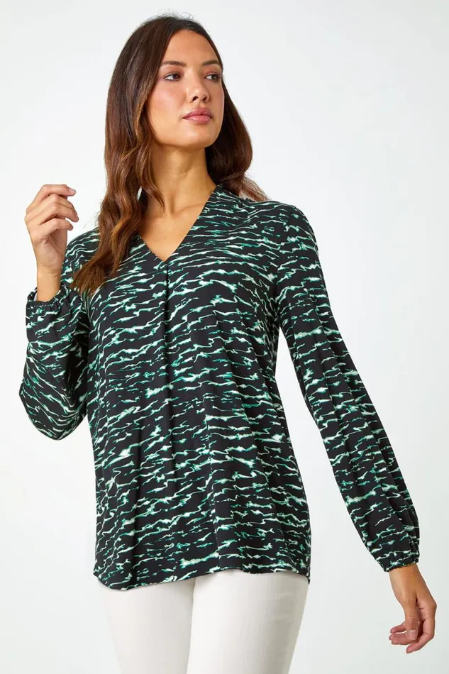 Green Wave Print Pleated VNeck Stretch Top Women Roman Tops