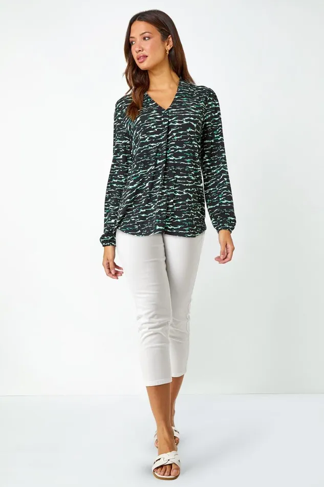 Green Wave Print Pleated VNeck Stretch Top Women Roman Tops