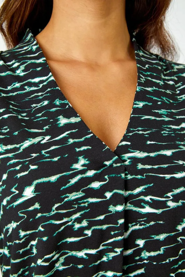 Green Wave Print Pleated VNeck Stretch Top Women Roman Tops