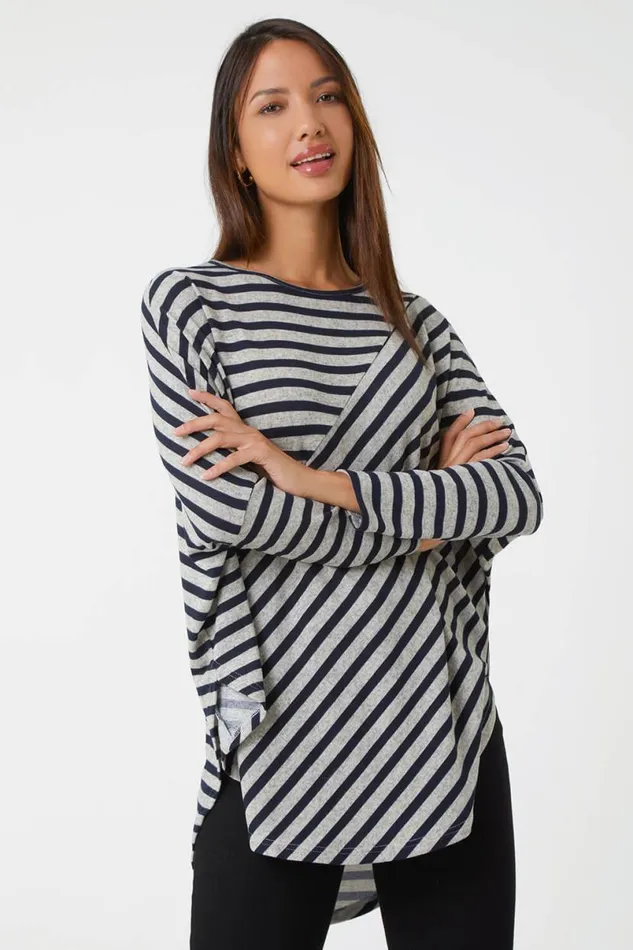 Grey Contrast Stripe Stretch Jersey Top Women Roman Tops