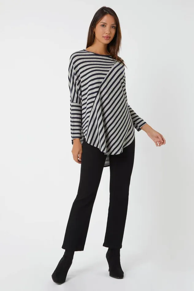 Grey Contrast Stripe Stretch Jersey Top Women Roman Tops