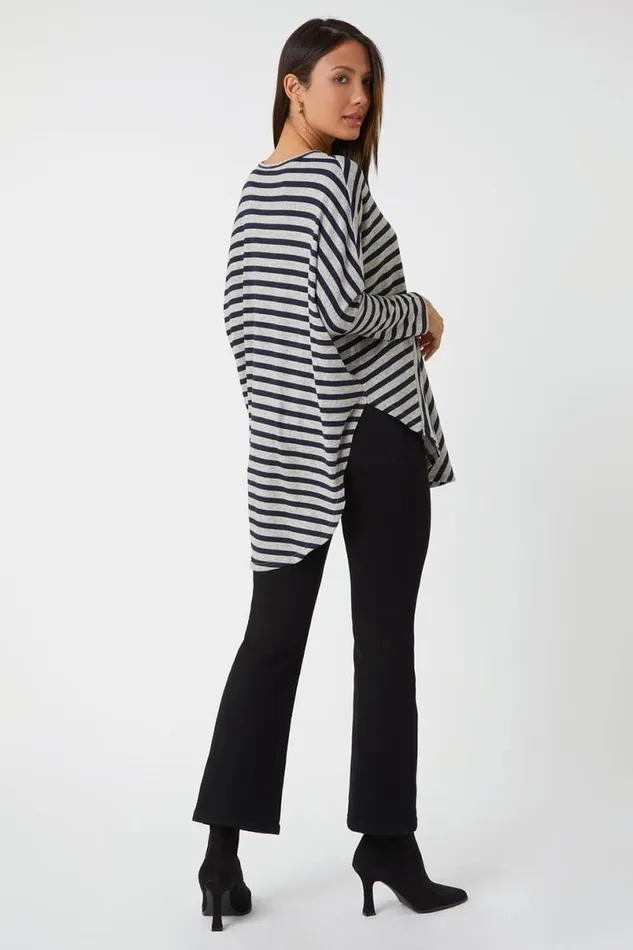 Grey Contrast Stripe Stretch Jersey Top Women Roman Tops