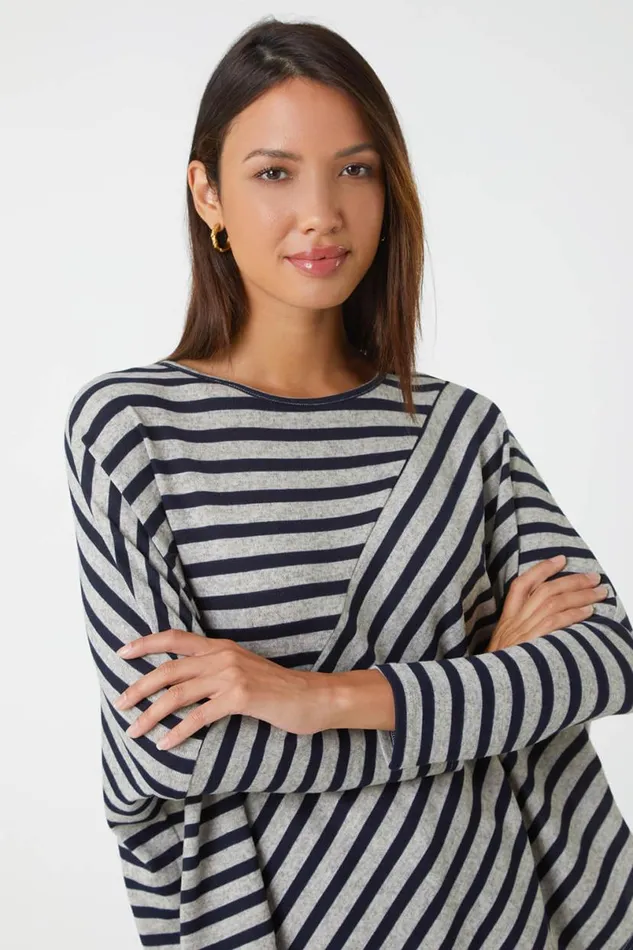 Grey Contrast Stripe Stretch Jersey Top Women Roman Tops