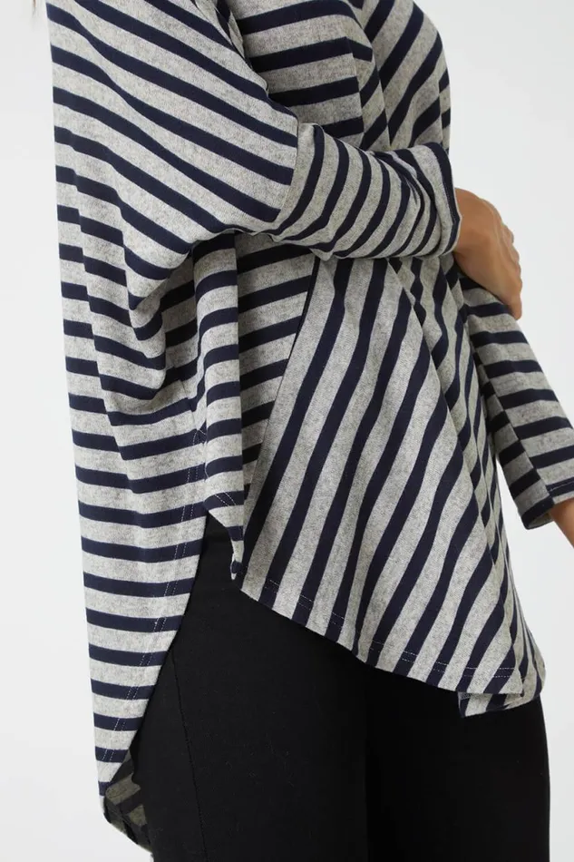 Grey Contrast Stripe Stretch Jersey Top Women Roman Tops