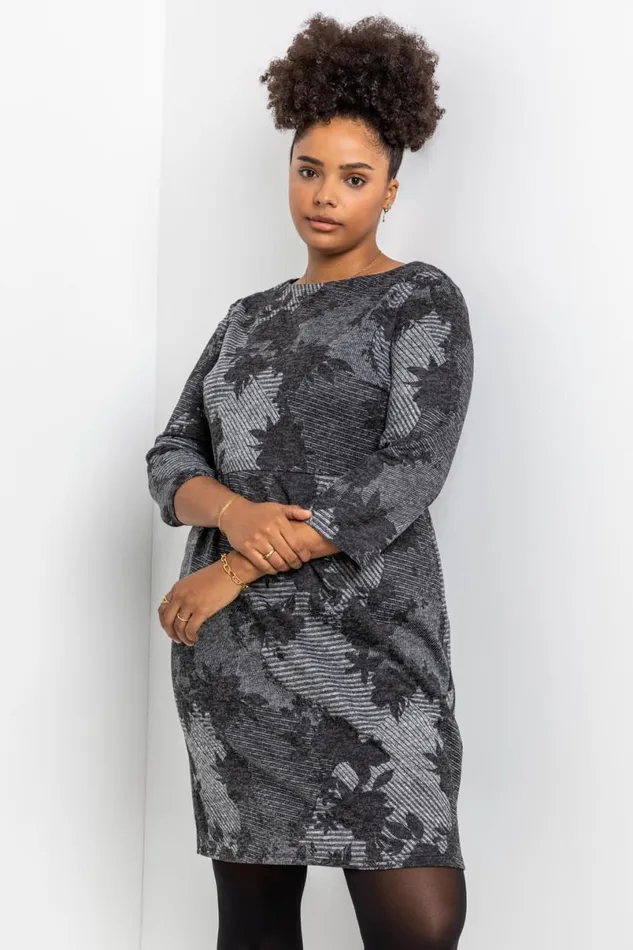 Grey Curve Floral Stripe Pocket Dress Women Roman Dresses