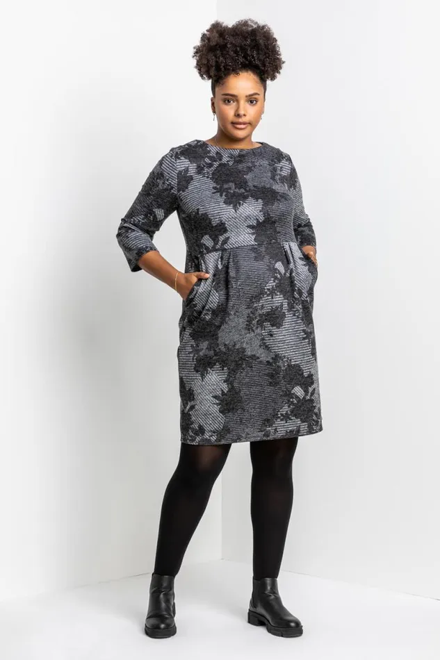 Grey Curve Floral Stripe Pocket Dress Women Roman Dresses