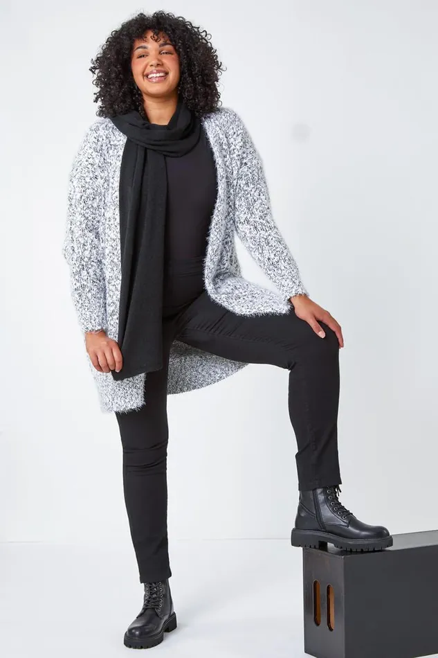 Grey Curve Fluffy Textured Cardigan Women Roman Knitwear